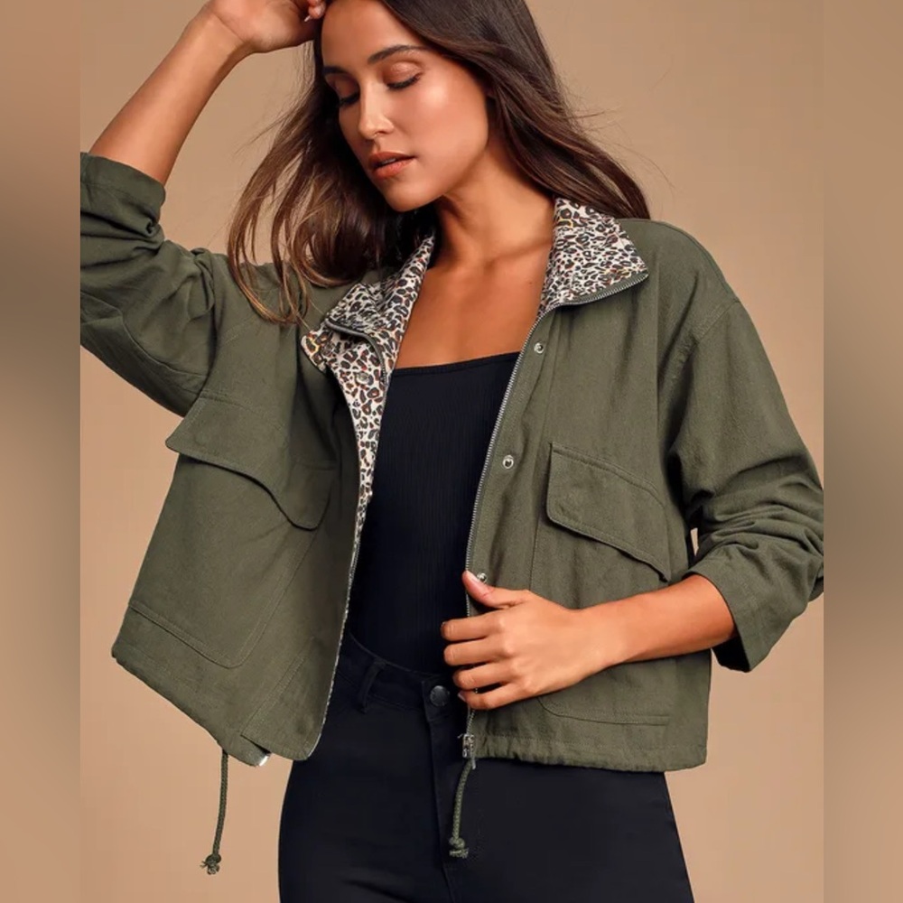 Lulu's Olive Green Jacket with Leopard Print Lining